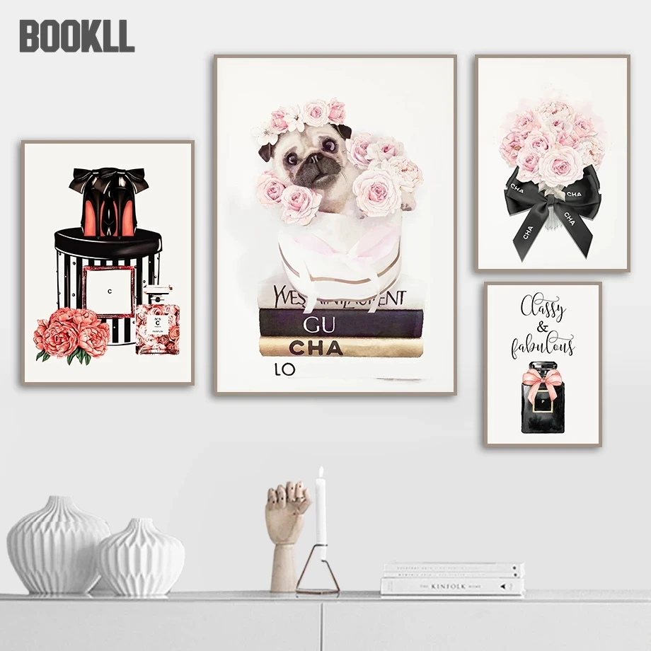 

Fashion Book Cat Perfume Flower With Logo Wall Art Canvas Painting Nordic Posters And Prints Wall Pictures For Living Room Decor