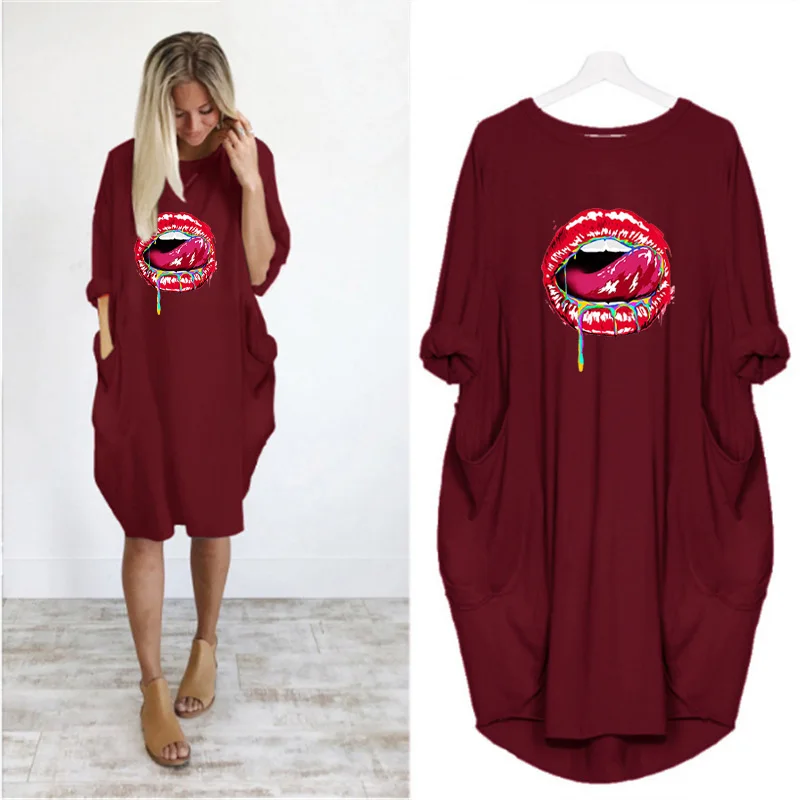 

Plus Size 5Xl Lady Midi Dress Red Lips Print Long Sleeve o Neck Casual Thin Vintage Femme Robe Vestidos Woman Dresses Streetwear