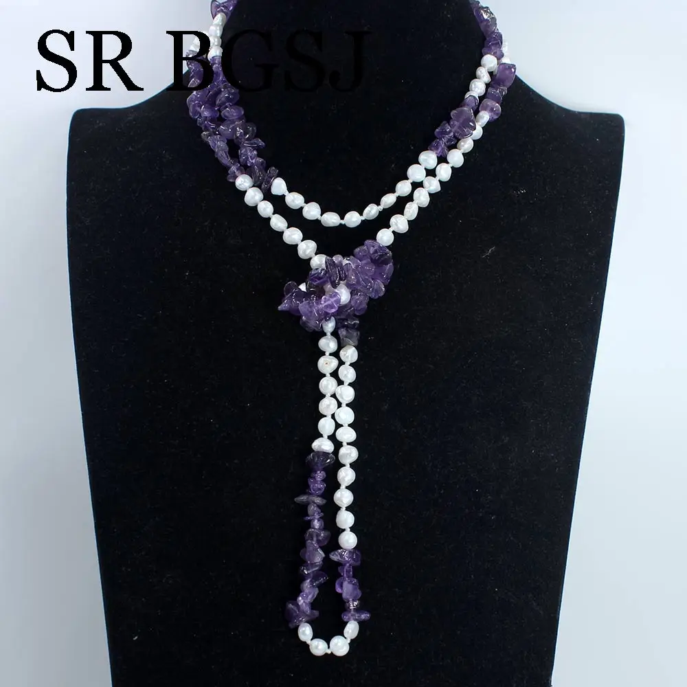 

Free Shipping Natural Gems Stone Chips 6-8mm Amethysts 6-7mm White Freshwater Pearl Long Sweater Necklace 48"