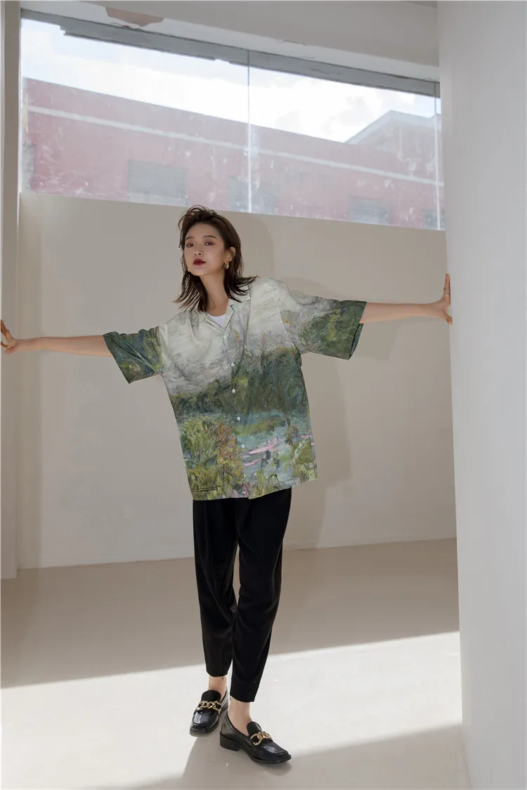 

Loose Button Up Shirt Fashion 2021 Aesthetic Clothes Monet Oil Painting Short Sleeve Blouse Shirt Women Summer Top