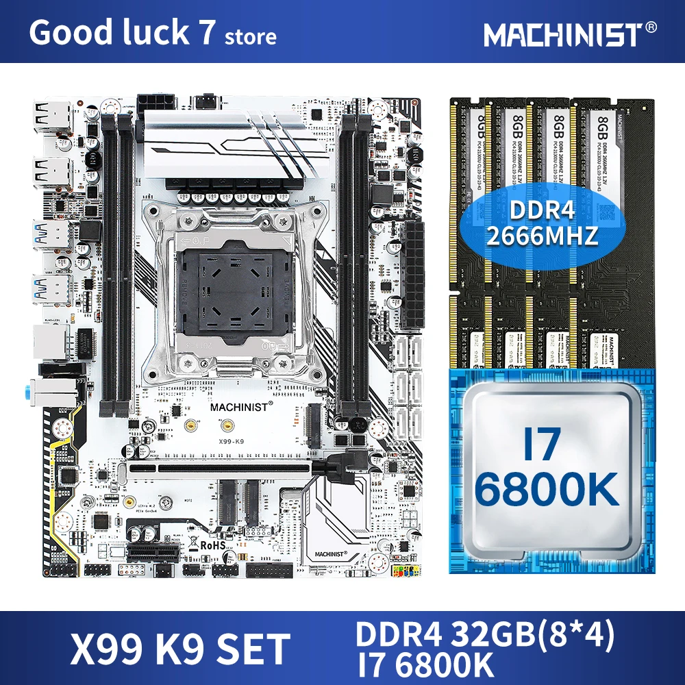 

Комплект из материнской платы X99, LGA 2011-3, с процессором Intel core I7-6800K, DDR4 32 Гб (4 х8 ГБ), 2666 МГц, ОЗУ M-ATX, NVME M.2 SSD X99-K9