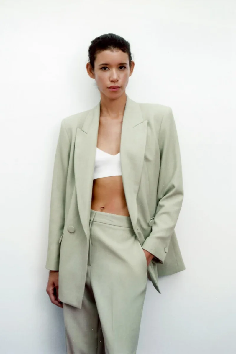 

2021 suit jacket women's suit green elegant suit jacket new temperament slim solid color double-breasted suit mid-length jacket