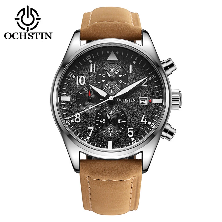 Модные кварцевые часы мужские ведущей марки коричневые кожаные спортивные