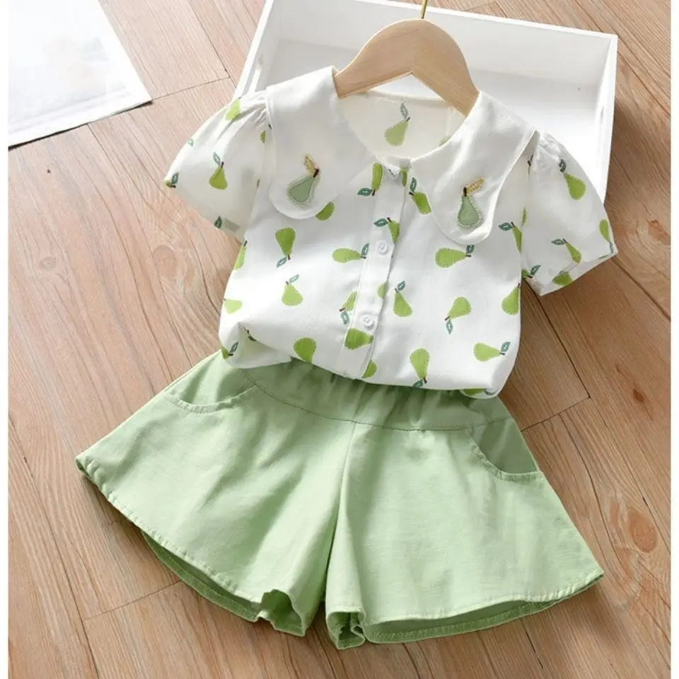 

Girls' Style Suit Summer New Children's Short Sleeve Shirt Cute Fruit Print Full Leisure Two Piece Baby Girl Sets Kids Clothes