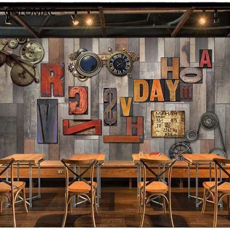 

Colomac Custom 3d Retro Bar Coffee Western Restaurant Wood Grain English Alphabet Barber Shop Cabinet Mural Dropshipping