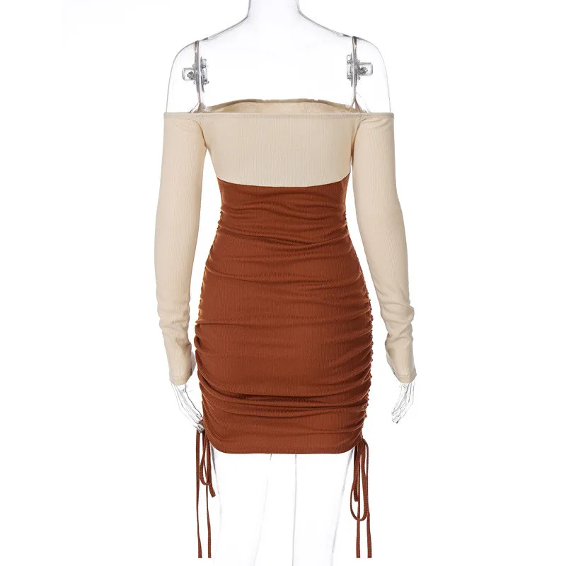 

Women's Casual Long Sleeved Slash Neck Patchwork Bandage Ruched Mini Dress Spring Autumn Fashion Sexy Party Club Dresses 2021
