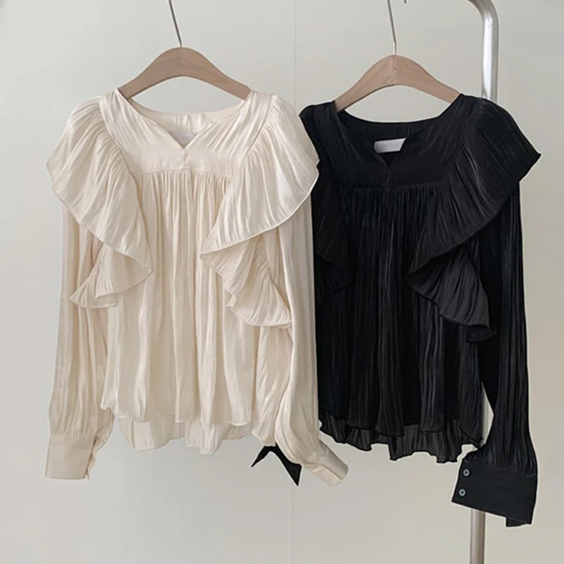 

Spring Women Tops 2021 New Ruffle Stitching Chic Pleated Long Lantern Sleeve Blouse O Neck Gentle Solid Loose Shirt Blusas 14152