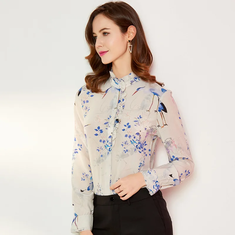 

Женские блузки и топы, шелковые, белые, синие, с цветочным принтом, офисные, формальные, повседневные рубашки, большие размеры, весна-лето, сексуальные, Femme