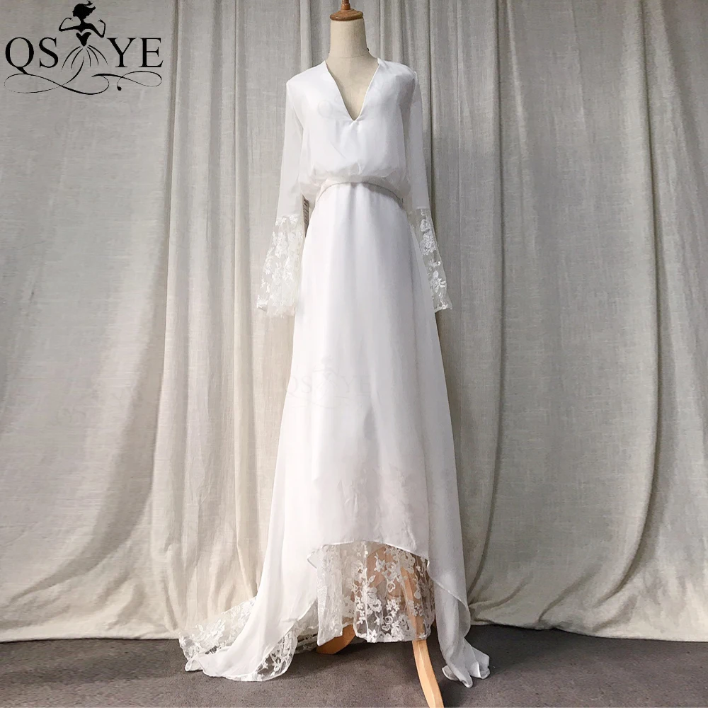 

Boho Simple Wedding Dress Ivory Long Flare Sleeves V neck Bridal Gown Appliques Lace Bride Dress Zipper up Wedding Gown Chic