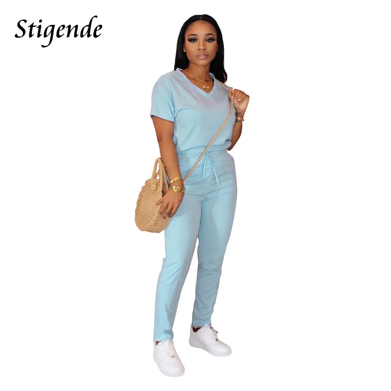 

Stigende для женщин повседневный комплект из двух предметов; Летнее однотонное облегающее шнурок наряды футболка с короткими рукавами Топ и шт...