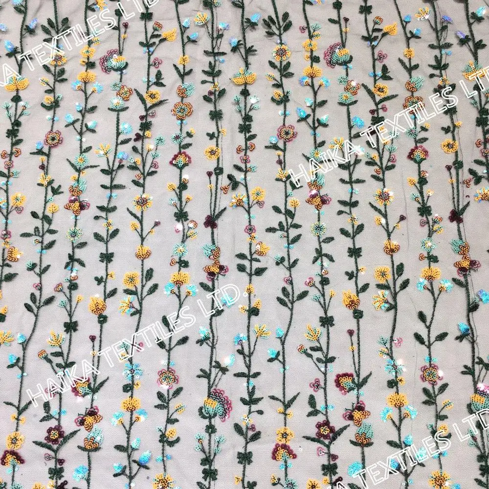 

Article:HK-S-108483 Strip Flowers 100%Poly Mesh Top 2mm+3mm Sequins+polyester embroidery thread Fabric for Dresses