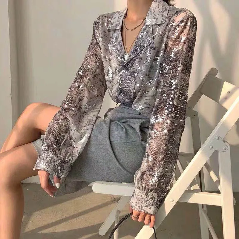 Модная женская блузка шифоновая рубашка с принтом змеиной кожи Новая Корейская