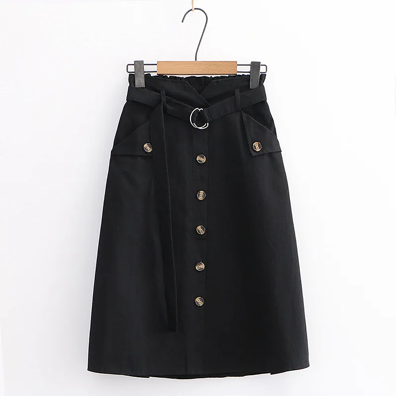 

Women Summer Cotton Linen Skirts Fashion Elegant High Waist Elastic Sashes Pockets Solid Color A-line Single Breasted Chic Saia