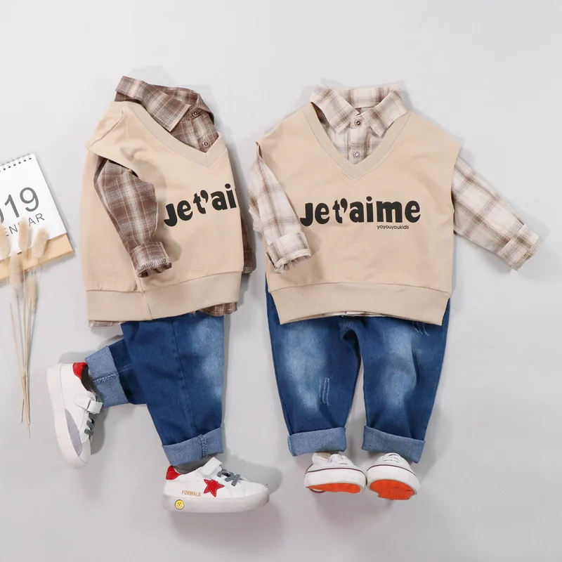 

Baby Boys Clothes Set Children Leisure Long Sleeved Plaid Shirts Jeans Vest Suits Korean Infant Spring Autumn Sports 3pcs/set