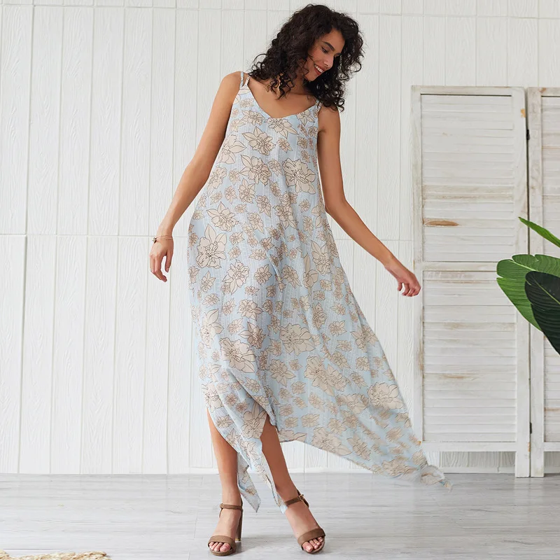 

Loose Backless Flower Dress Summer 2020 Spaghetti Strap Floral Print Maxi Boho Dress Women Beach Wear Casual Female Clothing
