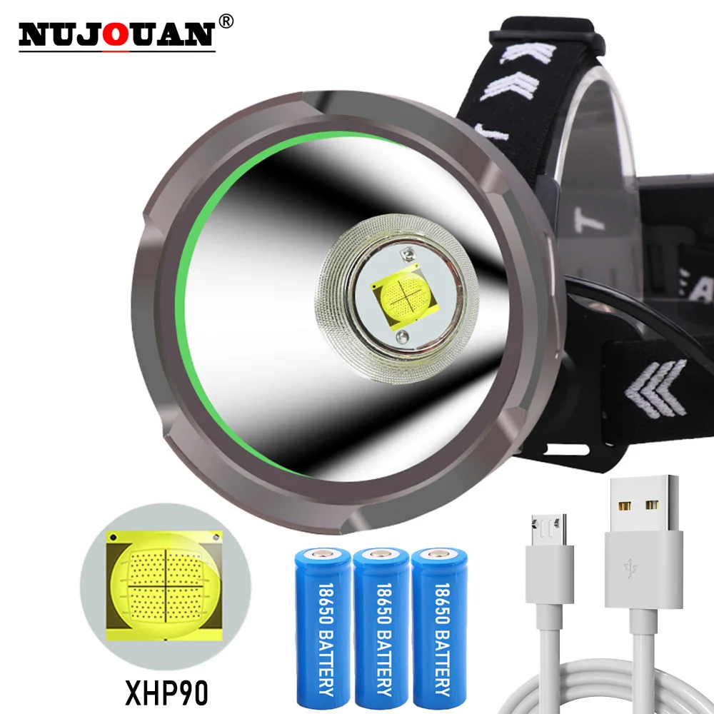 

High Power LED Headlamp Super Bright Headlight XHP90 Outdoors Waterproof USB Rechargeable 18650Battery Flashlights Camping Light