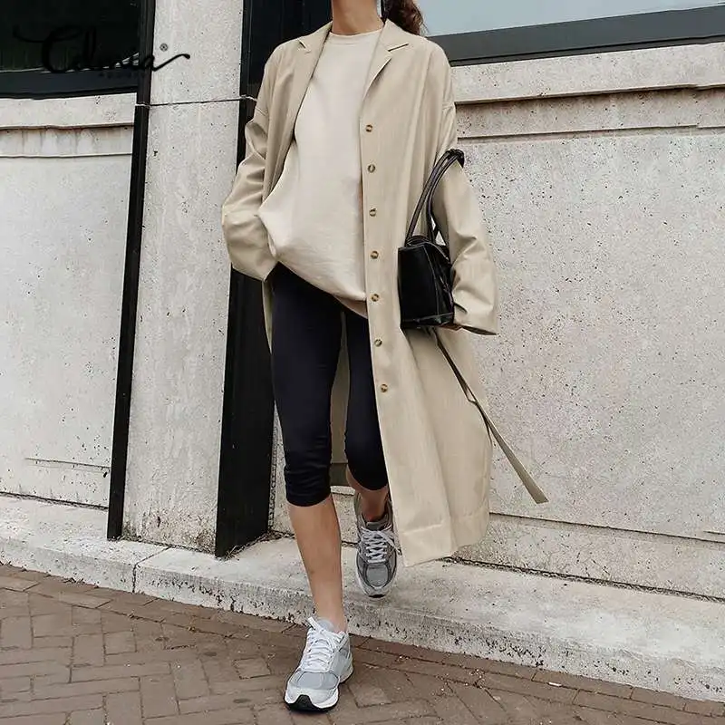 

Women's Lightweight Trench Coats Celmia 2021 Autumn Long Sleeve Solid Belted Windbreaker Office Lady Buttons Fashion Street Coat