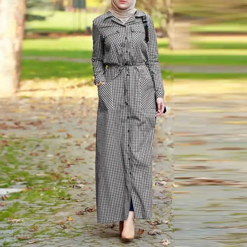 2023 Morocco Elastic Waist Shirt Dress ZANZEA Lapel Long Maxi Dress Muslim Dresses Casual Abaya Hijab Dresses Vestido 