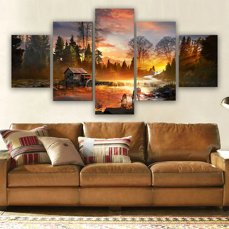 

Nature River Deer Sunset Scenery Wall Art Canvas Set Modular Landscape Painting Canvas Picture for Living Room Decor Wall Postes