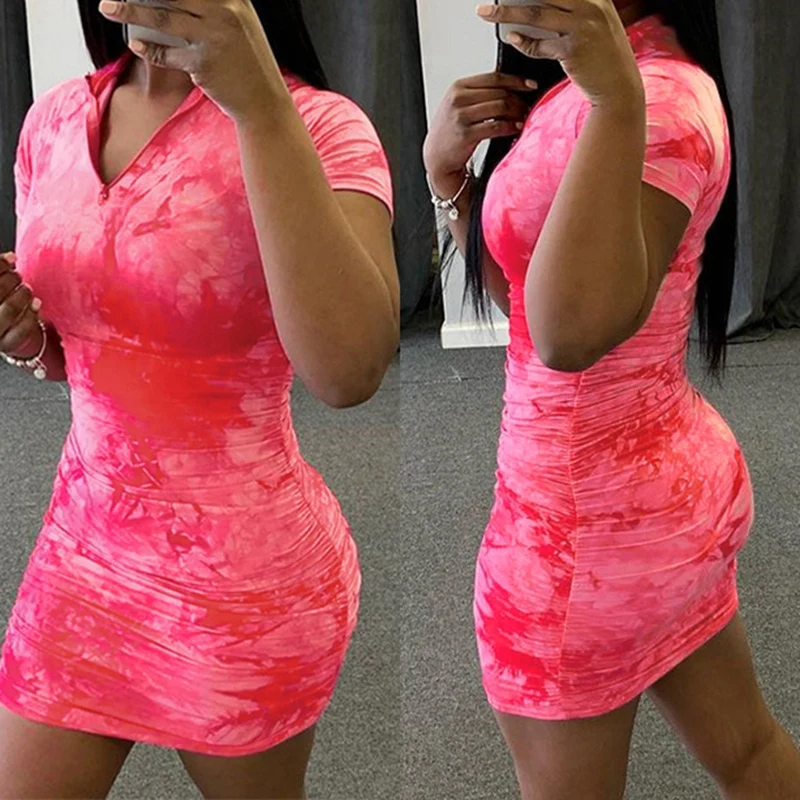 

Summer Sexy Club Dress Fashion V-Neck Tie-Dye Zipper Dress Female Short Sleeve