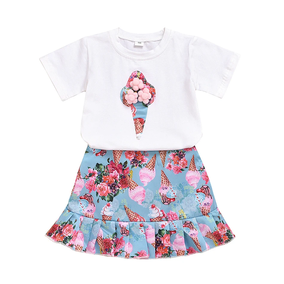 2021 Brand New Skirt Ice Cream T-Shirt 1-6Y 3D Sweet Summer Suit Printing Flower Rainbow Fancy Clothing Birthday Gift