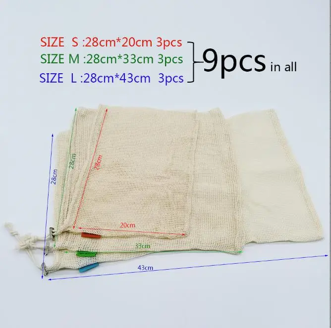 9 pcs per set Хлопковые овощные мешки для домашняя кухонная для хранения Многоразовые производящие сетчатые сумки для фруктов Экологичная организация - Цвет: 9 pcs per set