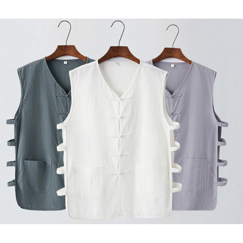 Летний жилет в китайском стиле для мужчин однотонный хлопковый дышащий костюм