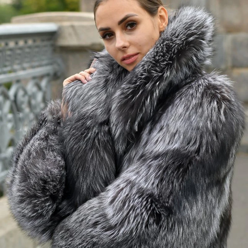 Luxury Women Natural Silver Fox Fur Coat with Big Lapel Collar Thick Warm Winter Fur Overcoats Woman Fashion Fox Fur Coat Outfit