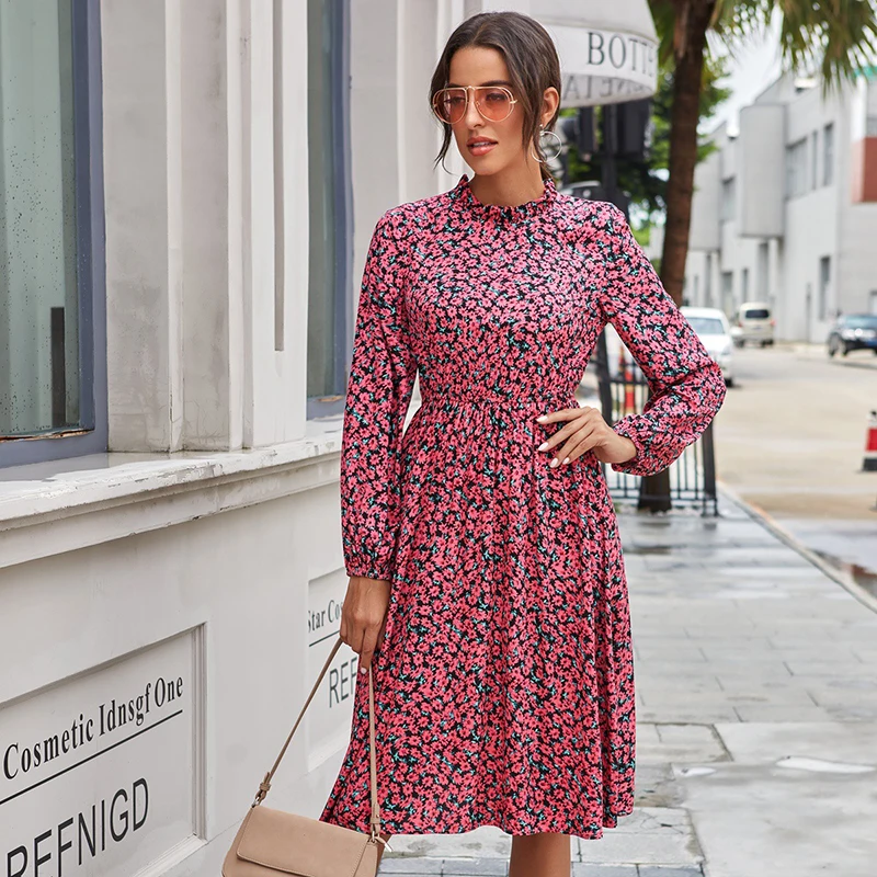 

2021Summer Commuter OL Style Korean Flower Pattern Plus Size Women's Fashion Waist Printing Simple Temperament Dress Women