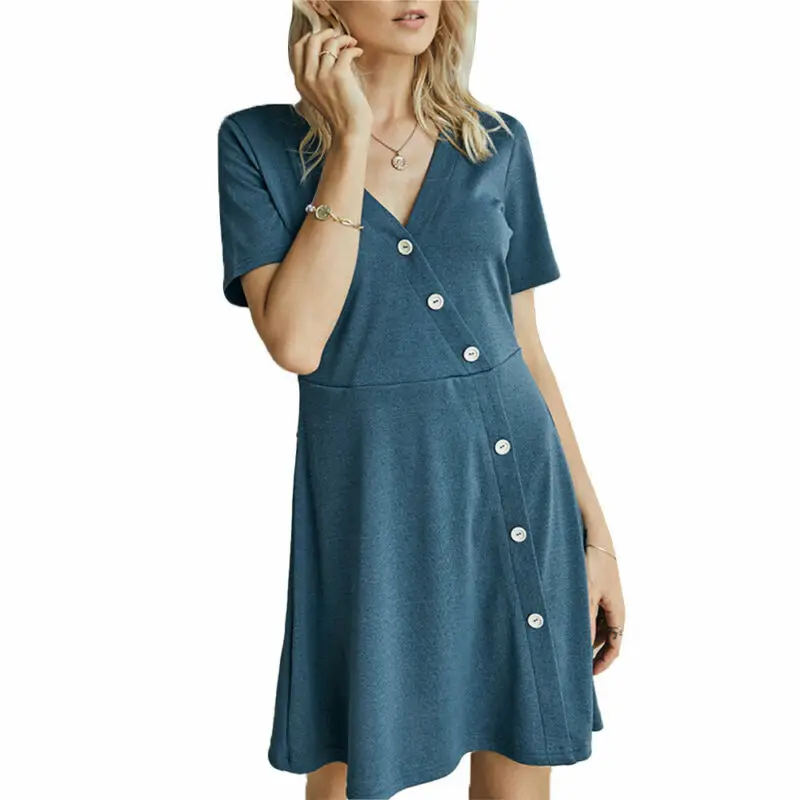 

Womens Summer V Neck Midi Shirt Dress Ladies Short Sleeve Buttons Sundress UK