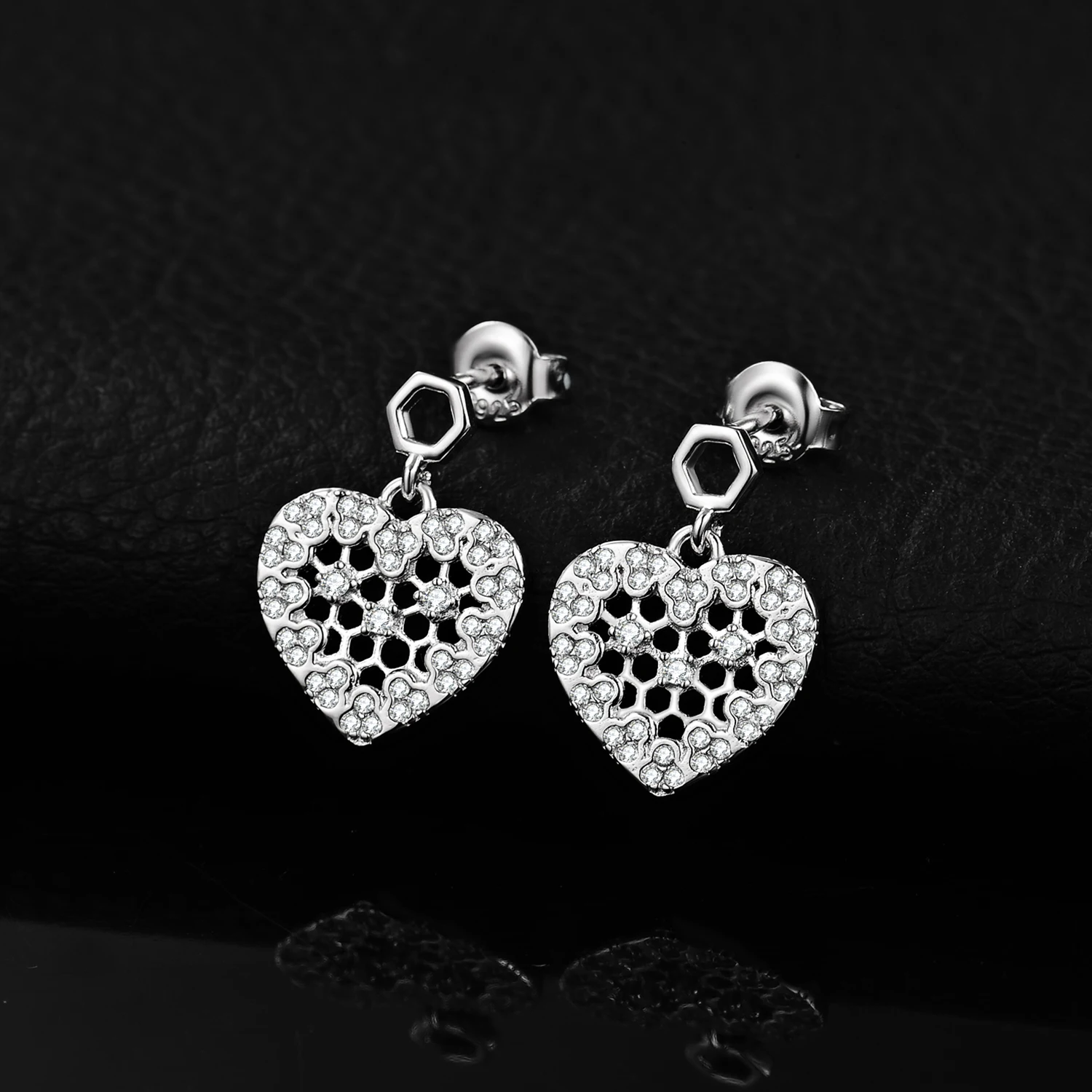 JewelryPalace 925 Sterling Silver Cubic Zirconia Hexagon Honeycomb Hollow Heart Stud Earrings Pave Setting Romantic Gift Jewelry