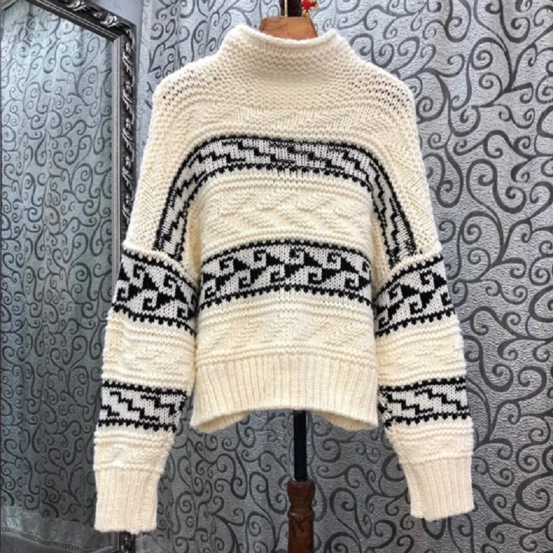 

Свитеры с высоким воротом 2020 осень-зима теплые пуловеры Женская хлопковая трикотажная футболка с длинным рукавом, с принтом геометрических...