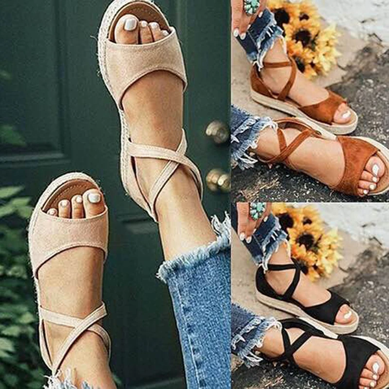

2020 New Spring Summer Ethnic Bandage Straw Roman Sandals Students Flat Open Baotou Cotton Linen Women Shoes