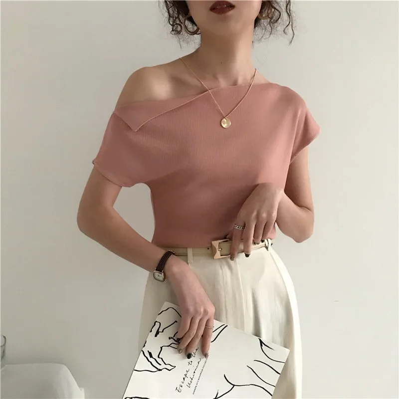 

Summer Concise Casual T Shirt Women All-match Sexy Slim Short Sleeve Asymmetrical T-shirts