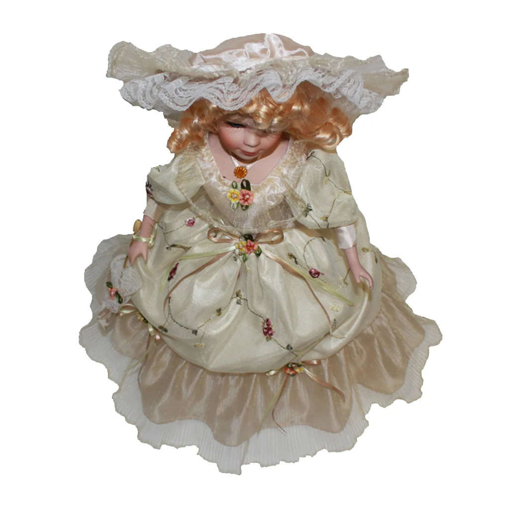 

Victorian Porcelain Doll 16 inch Standing With Beige Overlay Gown and Matching Hat With Lace Trimming