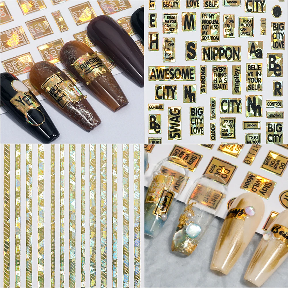 

12PCS Nail Art Laser Abstract Letter Sticker 3D Shiny Retro Sticky Sticker Watermark Slider DIY Nail Art Accessories Wholesale