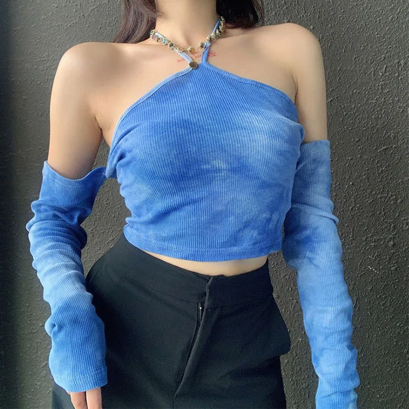

Fashion Halter Off Shoulder T-Shirts Women Long Sleeve Print Crochet Harajuku Y2K Grunge Aesthetic Slim Crop Tops Sexy Clubwear