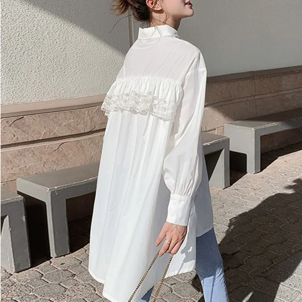 Женская белая черная рубашка с длинным рукавом Корейская шикарная кружевная