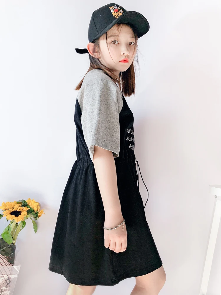 Платье для девочек однотонное хлопковое повседневное стильное платье летняя