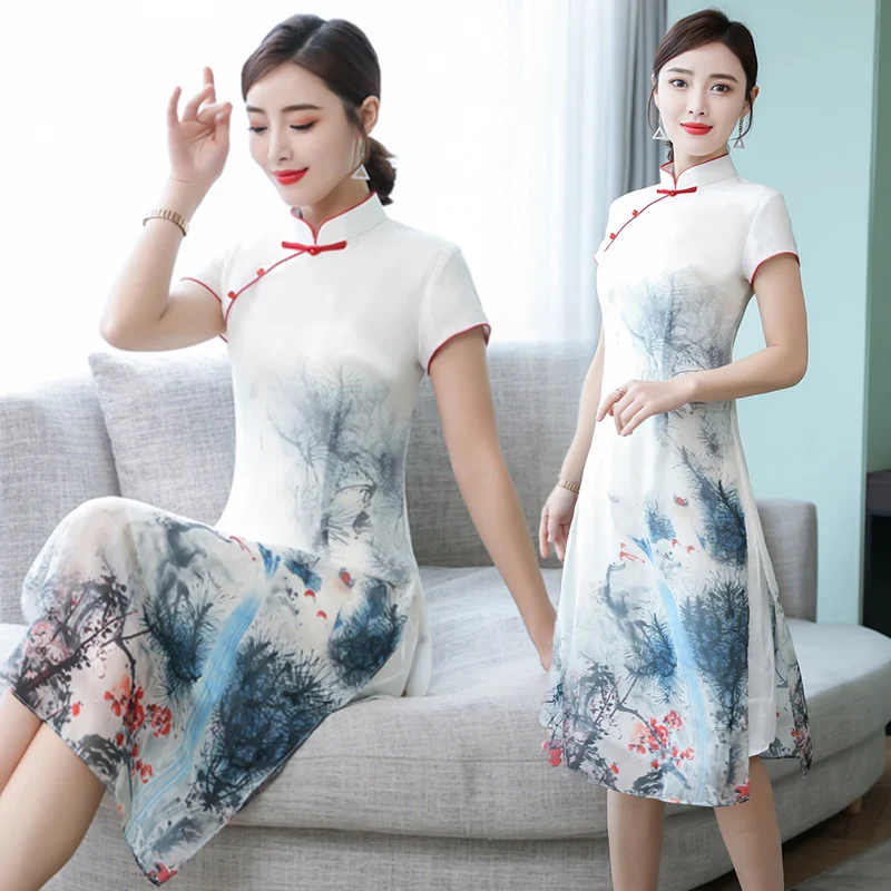 Женское платье в китайском стиле длинное летнее с короткими рукавами модель 2020