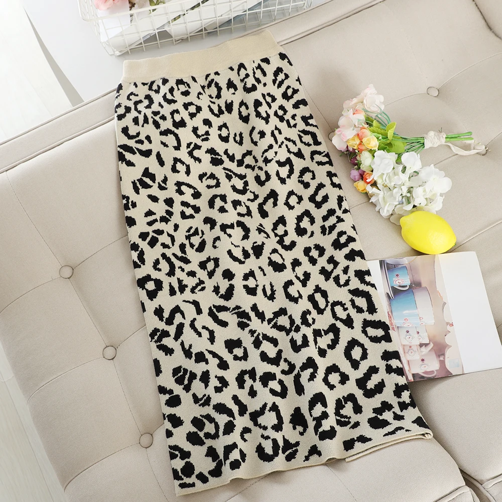 SINGRAIN Женская леопардовая трикотажная юбка зимняя толстая облегающая миди