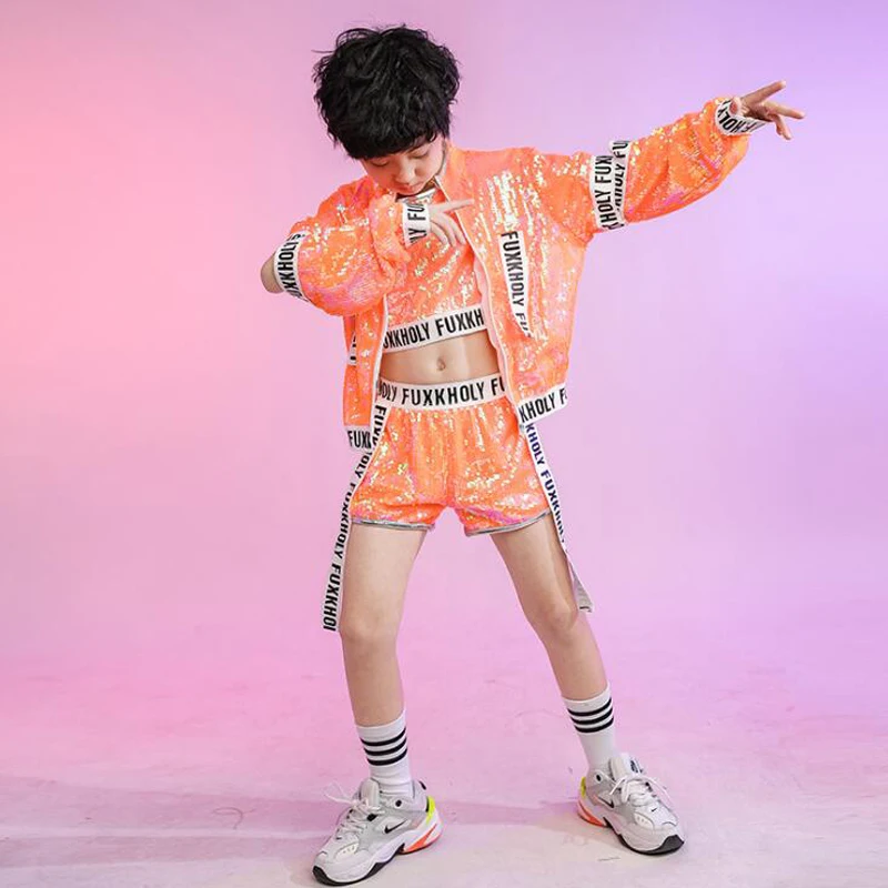 Детская танцевальная одежда с блестками в стиле хип-хоп Оранжевая Куртка топ