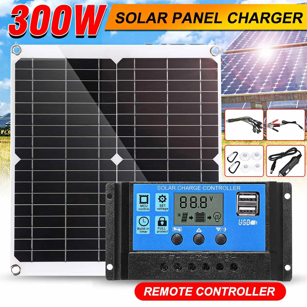 Комплект солнечной панели 600 Вт, 300 Вт, полный двойной USB 12/5 В постоянного тока с контроллером солнечной батареи 60 А/30 А, солнечные элементы для автомобиля, яхты, Автодома, зарядное устройство