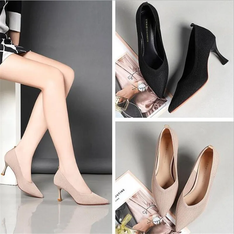 

2020 new Korean wild black shallow mouth pointed high heels fashion casual knitted breathable comfortable women's work shoes