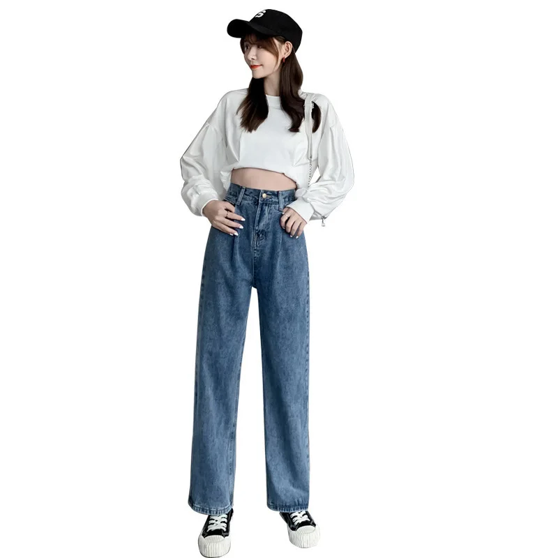 

Wrinkle drape high waist jeans women autumn and winter slim joker wide leg jeans women loose straight pants trousers