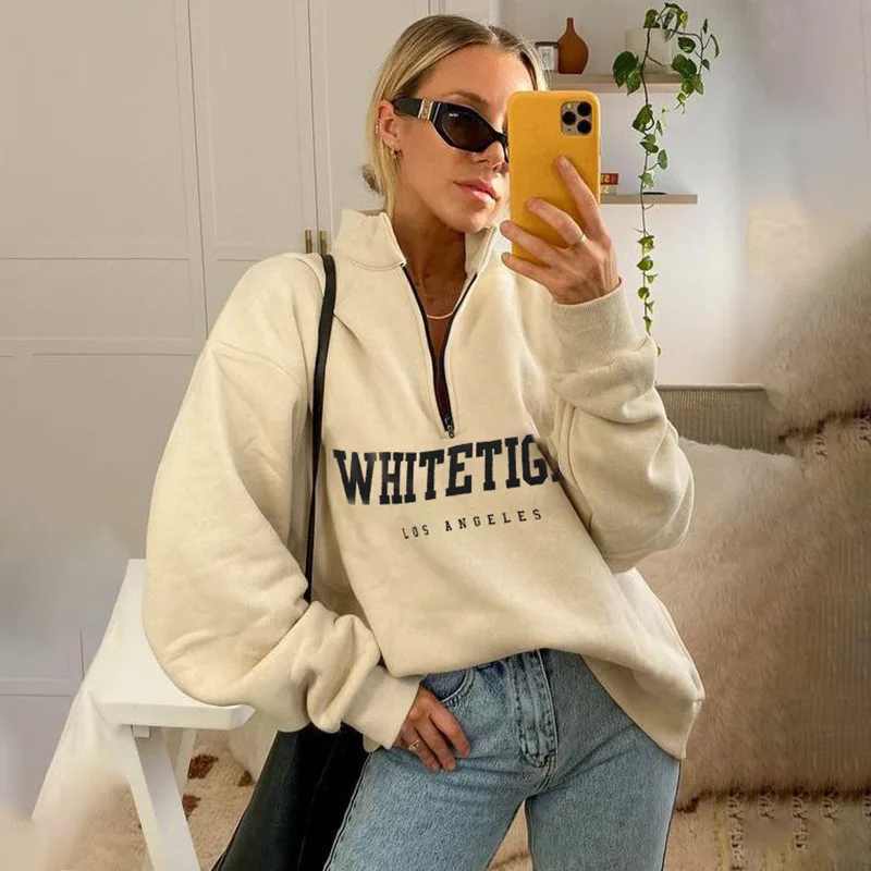 

DUYIT Loose Stand-Up Collar Sweater Autumn And Winter New Casual English Letters Printing Front Zipper All-Match Blouse Women