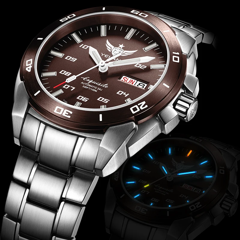 steel coffee dial p1 Мужские часы T100 Тритий, часы мужские Yelang автоматические meachnical H3 наручные водонепроницаемые мужские спортивные наручные часы relogio masculino V1020 - Цвет: steel coffee dial p1