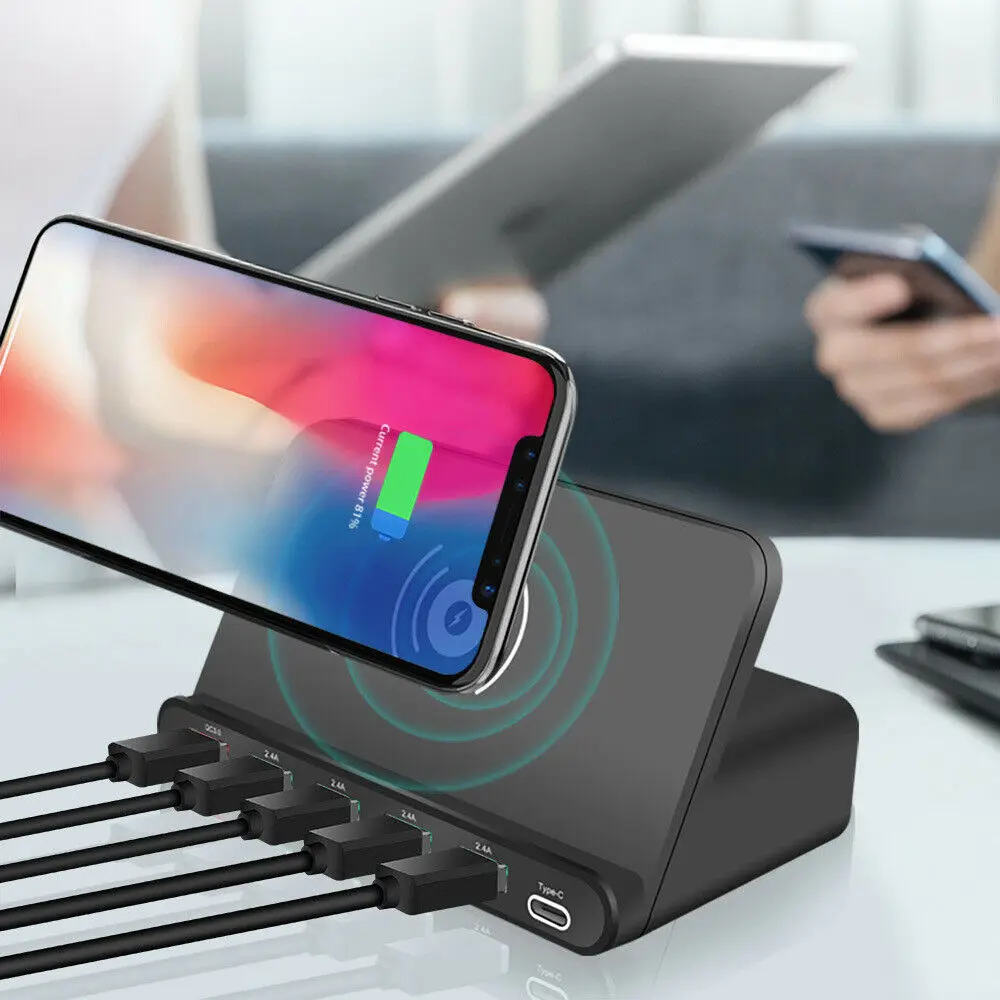 Беспроводное зарядное устройство QC3.0 с 6 USB портами настольная станция PD сетевое 60