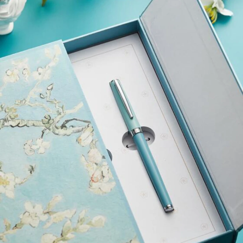 

Excellent Calligraphy Pen Exquiste Stylish Fountain Pen with 30ml Ink Bottle PU Pen Cover Blue Flower Pettern Brouch