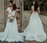 2021 boho country v neck chiffon wedding dress simple beach short sleeves sexy open back sash bridal gowns plus size